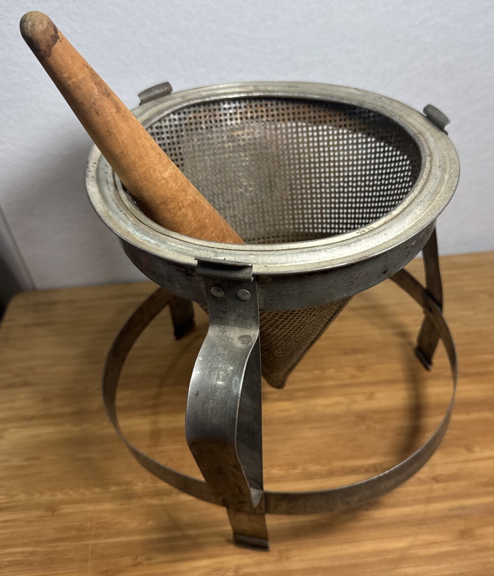 Antique Primitive Cone Strainer Colander Sieve Stand Wood Pestle Farmhouse